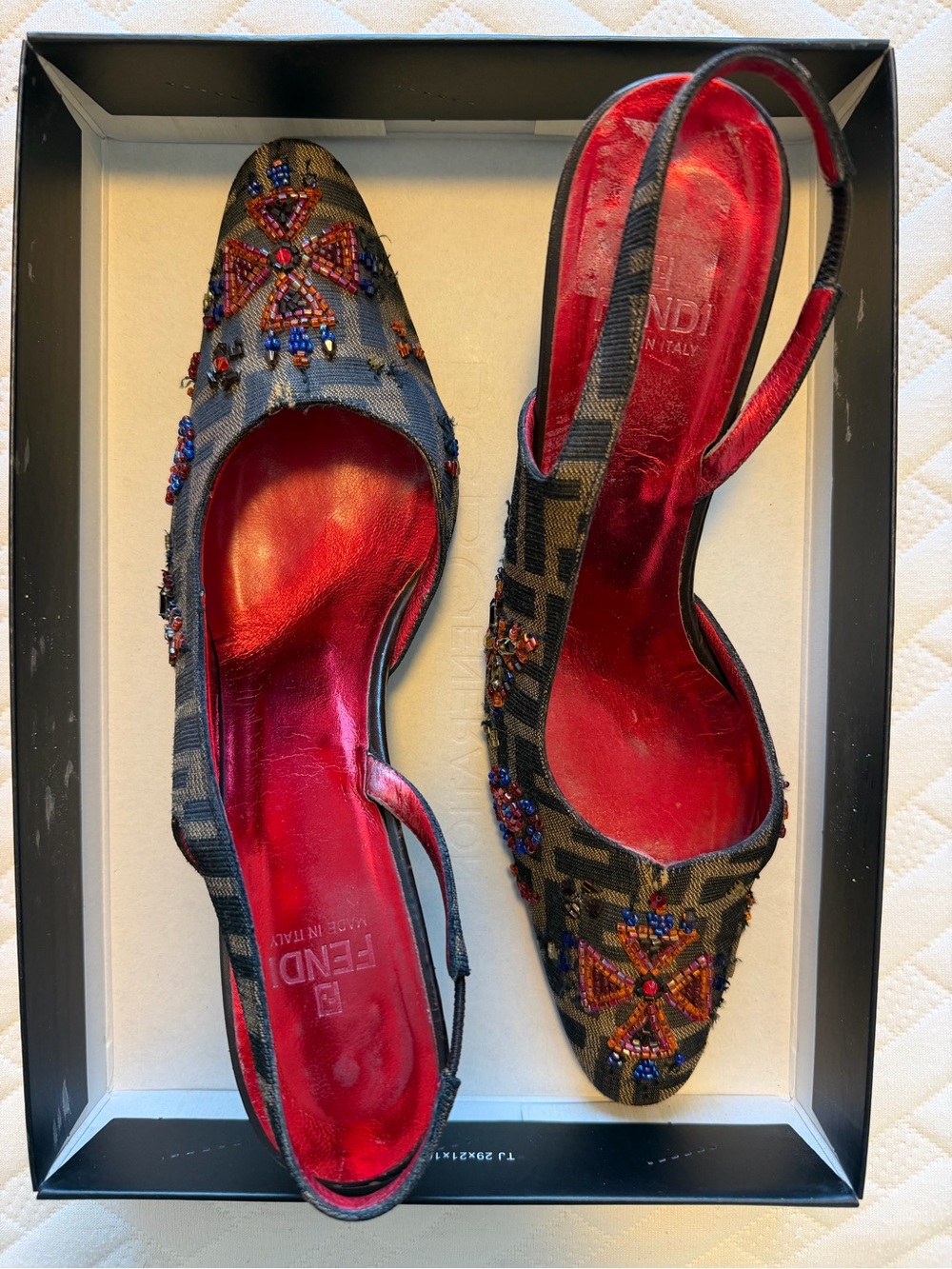 Fendi Black Monogram Beaded Slingback Mules with Red Insole